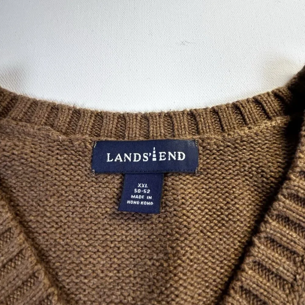 Vintage Lands End V-neck Sweater Vest Brown Tan 100% Cotton Hong Kong Mens XXL